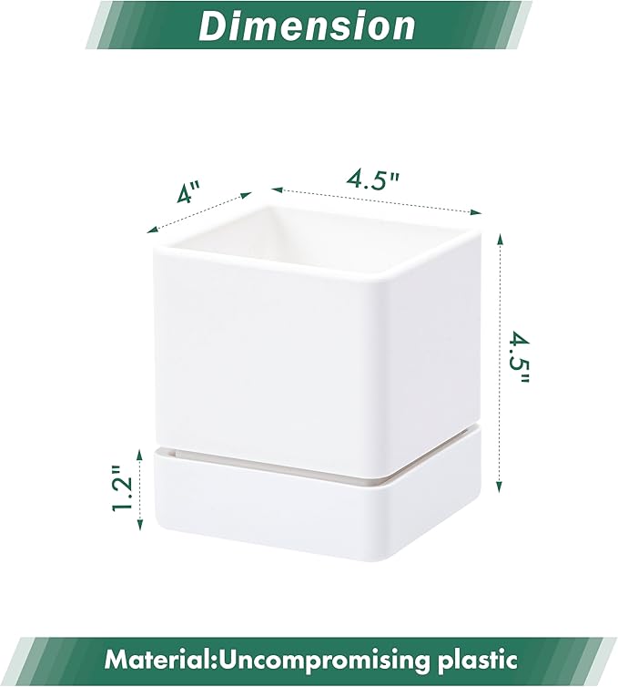 4 Inch Herb Planter Pot, Plastic Planter with Drainage Holes and Saucer, Modern Decorative Gardening Pot for Indoor Plants, Flowers, Herbs, Succulents, White, Set of 1, 76-Y-A-1