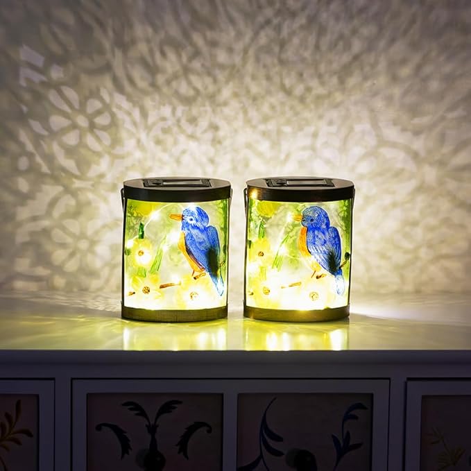 2 Pack Bluebird Solar Lanterns Outdoor Waterproof, Hanging Glass Solar Lantern with LED Light for Garden Yard Lawn