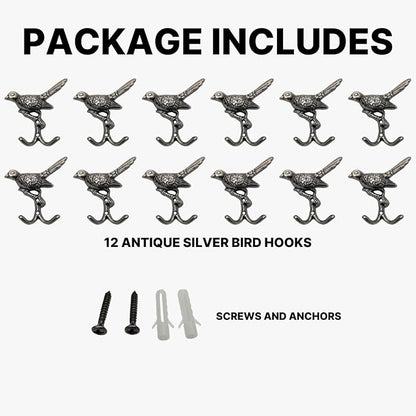 12 pcs Antique Silver Bird Decorative Wall Hooks - Image 4