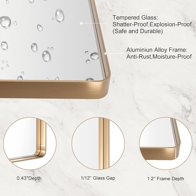 LOAAO 55”X30” Gold Bathroom Mirror, Rounded Rectangle Gold Frame Mirror - Image 5
