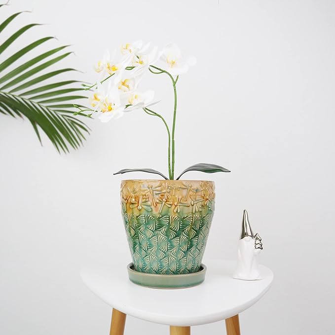 6 Inch Ceramic Planter with Drainage Hole and Saucer for Plants, Indoor-Outdoor Large Round Succulent Orchid Flower Pot, Set of 2