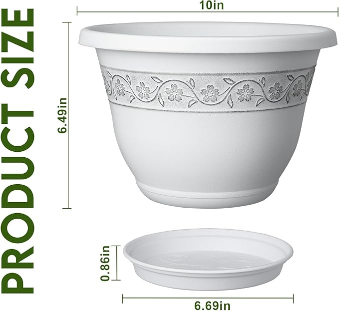 10 Inch Plant Pots with Drainage Hole - Lightweight Flower Pots for Herbs and Flowers - Home Decor Plastic Planters for Indoor Outdoor Plants- Pack of 4 (White, 10 inch)