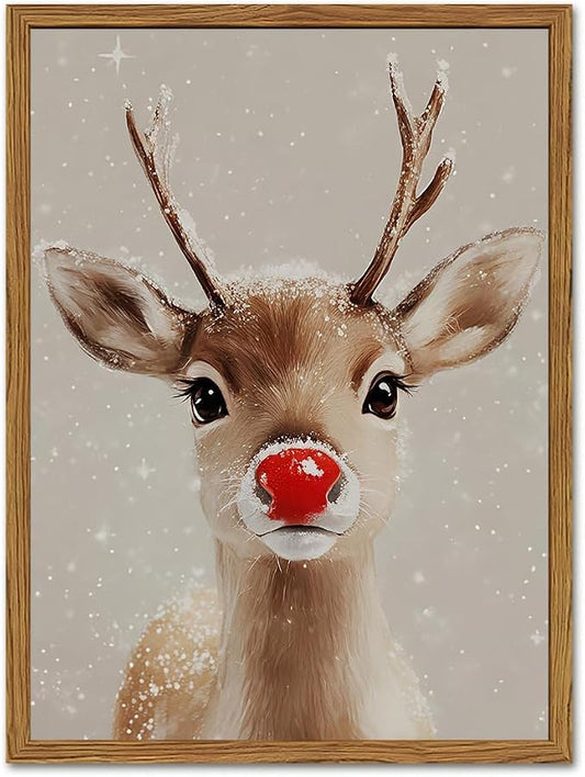 Framed Christmas Wall Art, Vintage Red Nose Reindeer Canvas Wall Decor Paintings by Unknown