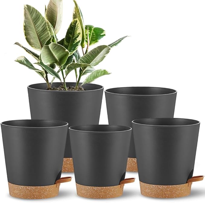 Self Watering Planters Plant Pots Indoor Flower Planting PotsP For Houseplants, African Violet, Flowers, Succulent,Cactus Outdoor Plant Pots with Drainage Holes Black Pots Gift Idea For Lazy people