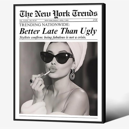 Trendy Newspaper Black Framed Posters Better Late Than Ugly Wall Art Vintage by FuSatisYilife