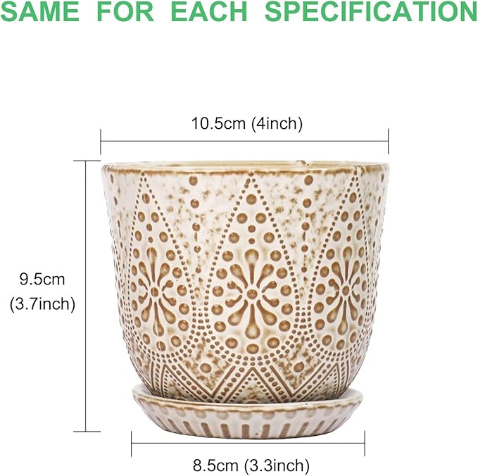 Gepege Succulent Pots, 4 Inch Small Indoor Ceramic Planter Pot with Drainage Holes and Saucers for Plants- Creamy White - Set of 4