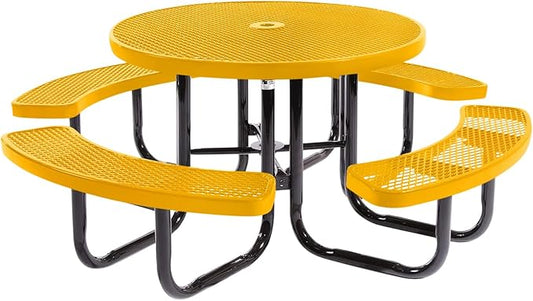 Heavy-Duty Portable Outdoor Picnic Table with Umbrella Hole, Expanded Metal Commercial-Grade Patio Dining Furniture Made in America (46" Round Top, Textured Yellow)