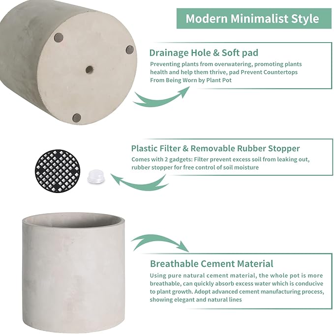 Mozing Cement Plant Pots Indoor - 10 inch Concrete Planter Pot for Planting - Modern Stone Clay Flower Pot with Drainage Hole for Garden, Home, Office Decor, Grey