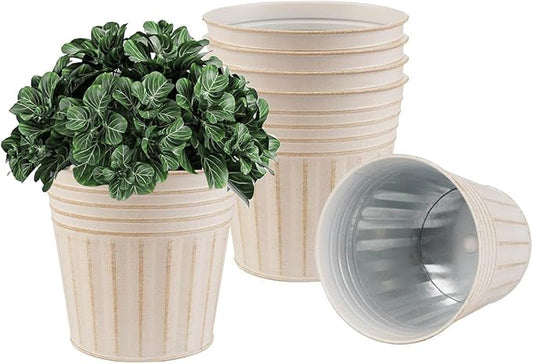vensovo 5 Inches Beige Metal Rustic Flower Pots - 6 Pcs Small Galvanized Planters with Drainage Hole and Rubber Plug, Rustproof Tin Bucket Plant Pot Farmhouse Vintage Style for Decor