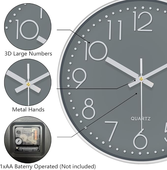 Wall Clock, Silent Wall Clocks Battery Operated 10 Inch Modern Non Ticking - Image 6
