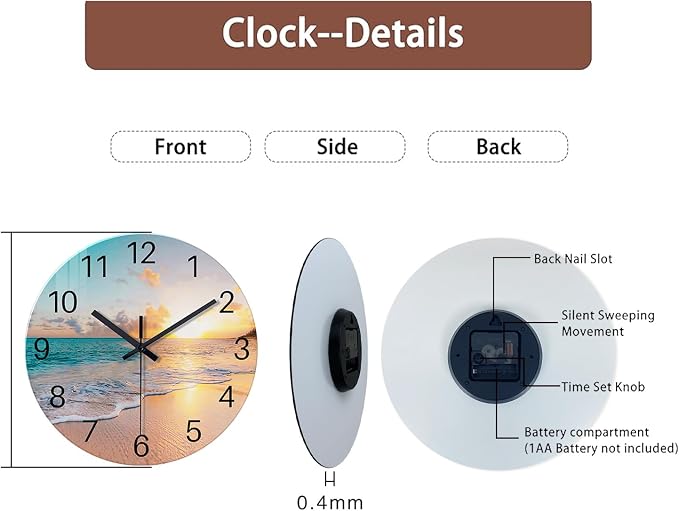Beach Wall Clock Silent Analog Glass Wall Clocks Battery Operated 16 Inches or - Image 7