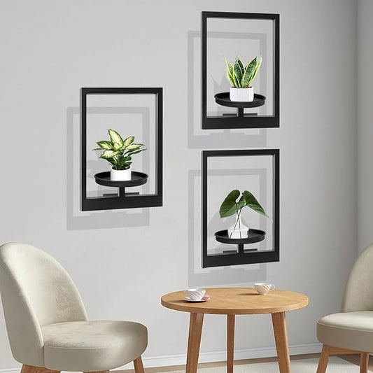 Picture Frame Plant Holder, Window Planter Hanger Shelves,Wall Mount Plants shelf Indoor Outdoor, Metal Hanging Planters Stand Decor,Modern Floating Ornament Rack Art for Home & Garden (Black 3pc)