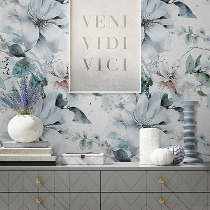 Ice Blue White Large Hyacinth Floral Green Leaf Peel and Stick Wallpaper Wall - Image 4