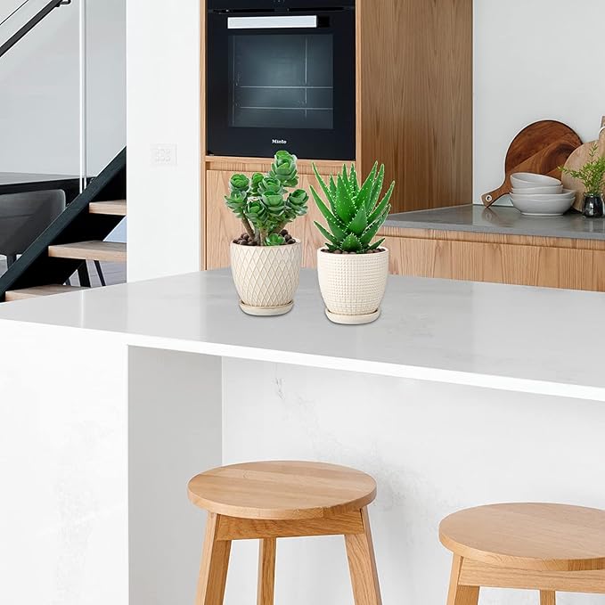 Oairse 4 inches Ceramic Planter Pots 3 Set of Small Round Flower Pots with Drainage Hole and Ceramic Tray for Succulents Cactus Indoor Outdoor Garden Home Windowsill