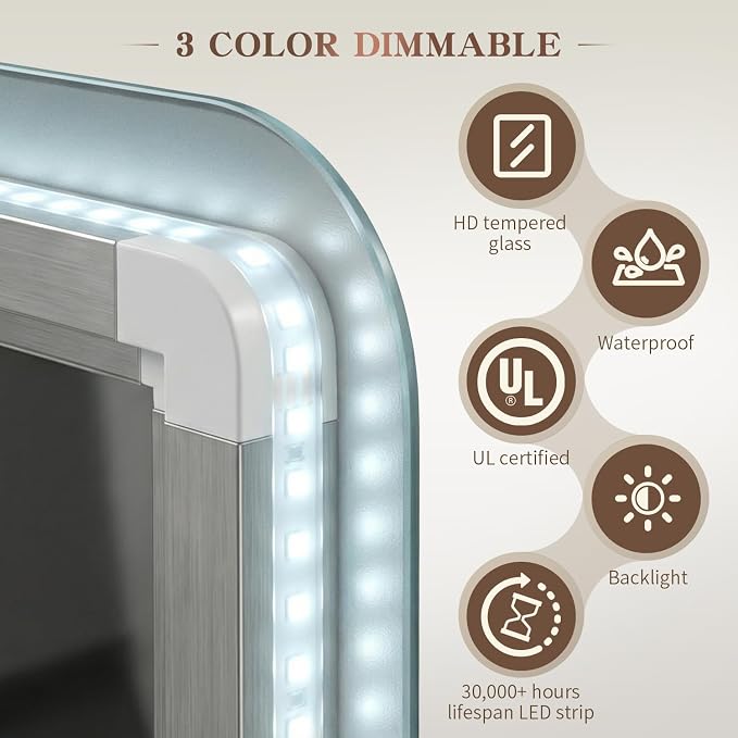 EOGOW Backlit Mirror for Bathroom, Stepless Dimmable, 3 Color Lights, High Lumen - Image 4