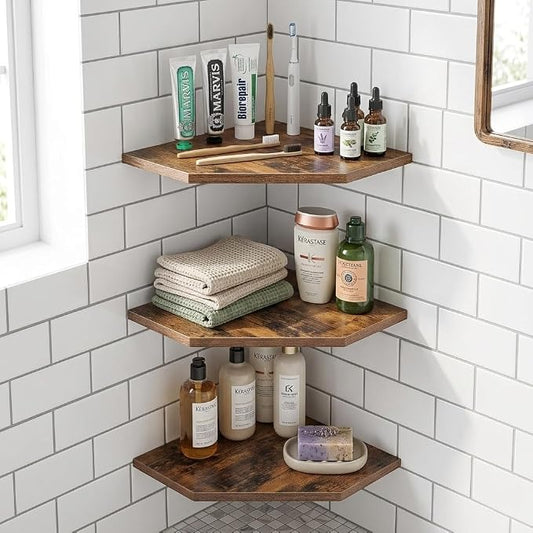 SUYU Set of 3 Floating Corner Shelves, 11.8" Rustic Wood Corner Shelf Wall - Image 2