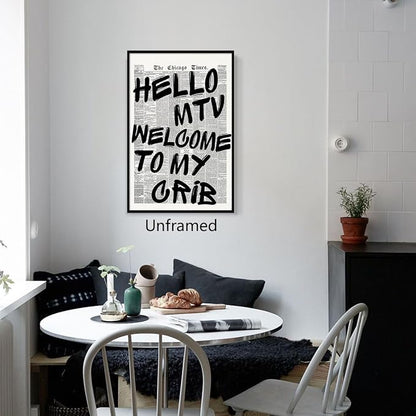 Hello MTV Welcome To My Crib Quote Poster, Vintage Black White Newspaper Canvas - Image 5