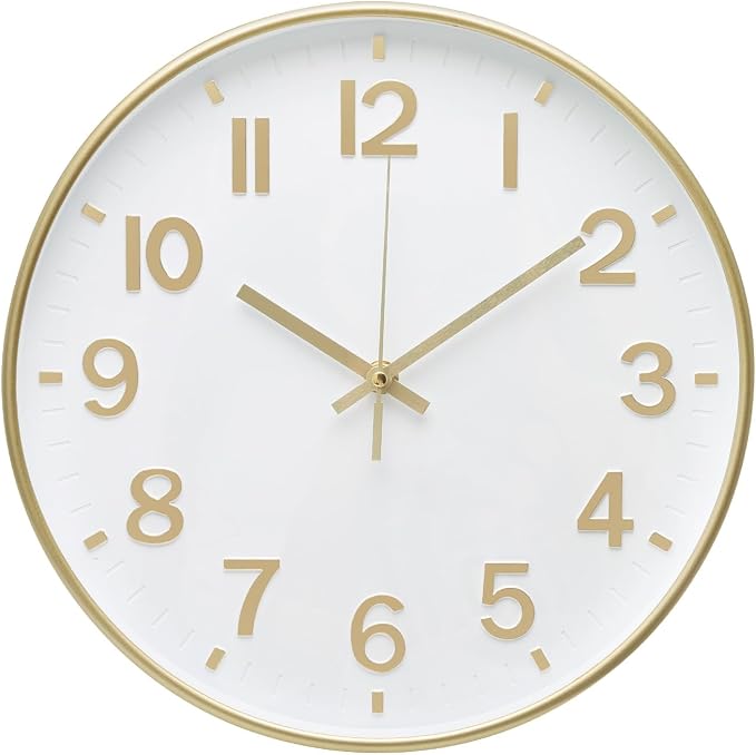 Wall Clock 12 Inch White-Gold Modern Simple Quartz Decorative Clock Non-Ticking by BAKBRAND