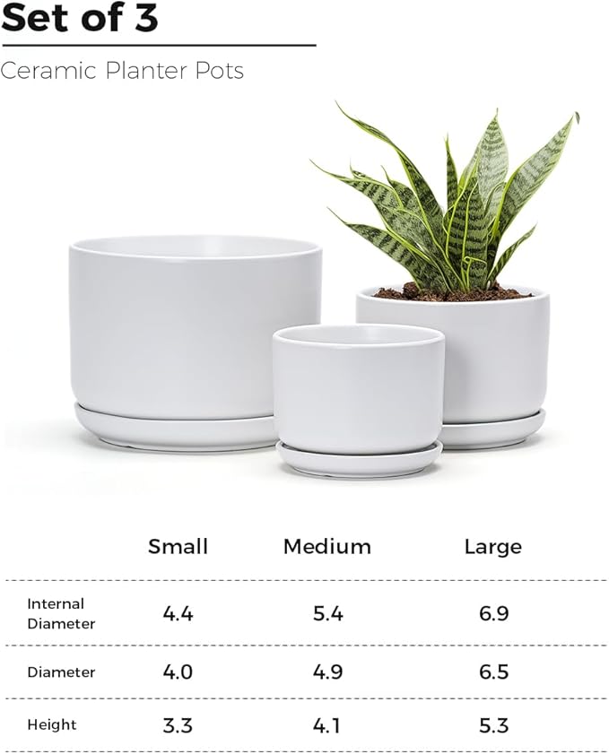Ton Sin Plant Pots, 4.1+5.1+6.5 inch, Set of 3, Ceramic Planters with Drainage Hole and Saucer, Indoor Flower Pot with Hole Mesh Pad, Gifts for Mom(Matte White)