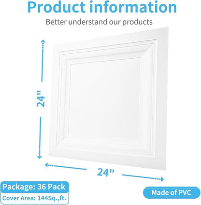 Art3d 36-Pack Square Drop Ceiling Tile 2ft x 2ft in White, PVC Ceiling Panel 24 - Image 2
