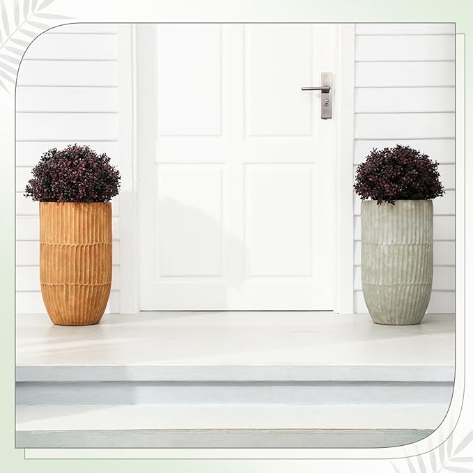 Yunlly 4 Pack 18" Artificial Boxwood Ball Bush Topiary Trees Fake Outdoor Plants, Realistic UV Resistance Faux Shrubs with Spike Greenery Topiary for Front Porch Garden Yard Patio Indoor (Dark Purple)