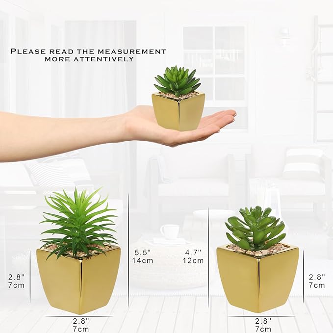 Hollyone Small Succulents Artificial 3 Pcs Faux Succulents with Gold Pots Mini Fake Succulent Plants Indoor Plant Ceramic Pots for Modern Office Desk Bathroom Shelf Living Room Home Decor