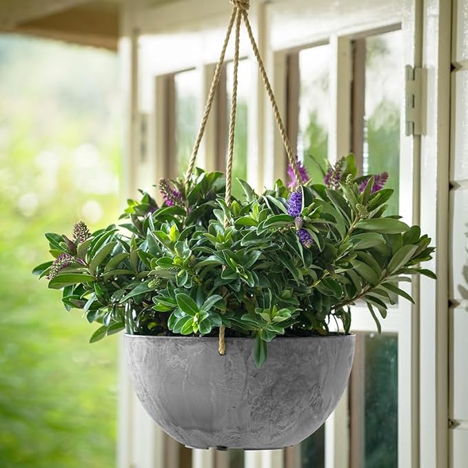 Root & Vessel Self Watering Hanging Planter for Indoor or Outdoor Plants, Unique Marbled Hanging Basket Made of Eco-Friendly Blend of Stone & Plastic, Gray, 10"