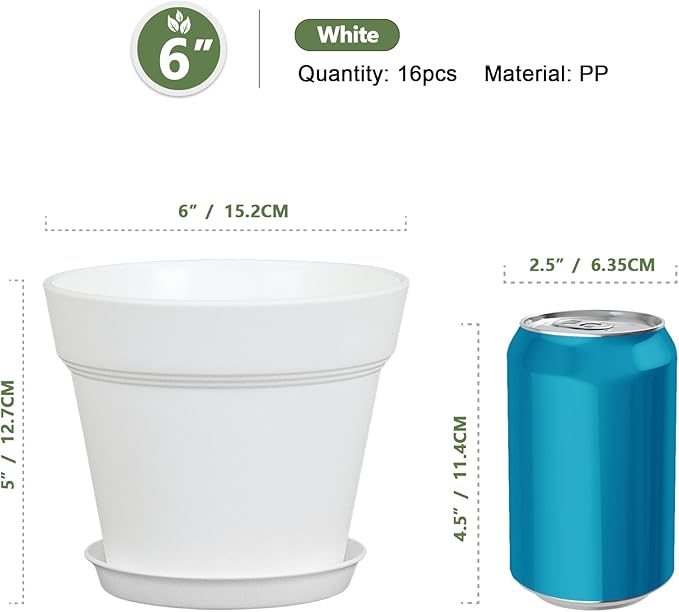 6 inch Plastic Nursery Pots, 16 Pack Plant Pots for Indoor Outdoor Plants, Flower Pots with Drainage Holes and Saucers, Decorative Seedling Starter Planters for House Plants, White