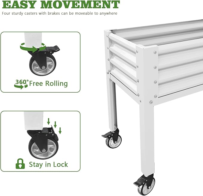 A ANLEOLIFE 2-Set Galvanized Raised Garden Bed with Legs,48x24x35in Large Elevated Planter Box on Wheels with Drainage Holes for Backyard, Balcony, Patio, 600lb Capacity, Antique White
