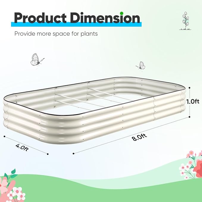 Quictent Galvanized Raised Garden Bed Kit, 8x4x1 ft Oval Metal Planter Box for Vegetables, Rubber Strip Edging Included (Beige)