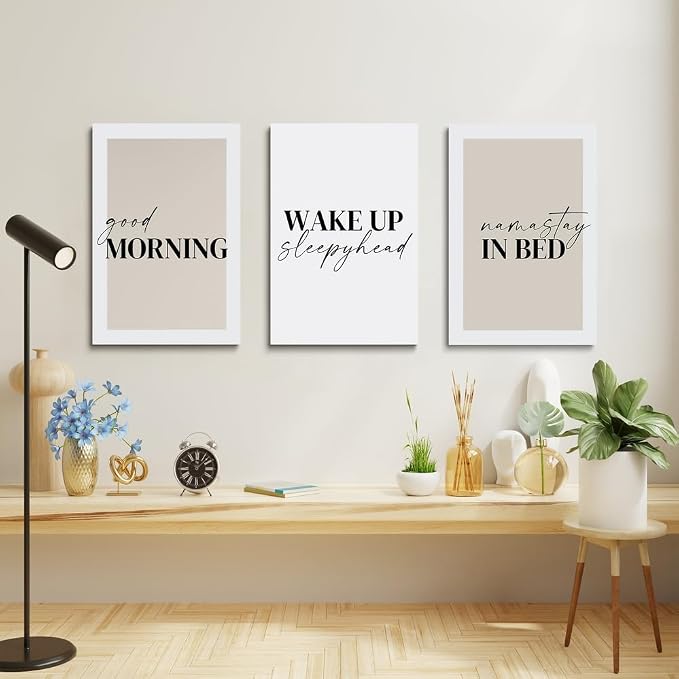 GUBIYU Bedroom Prints Set of 3, Above Bed Decor, Good Morning Namastay in Bed - Image 5