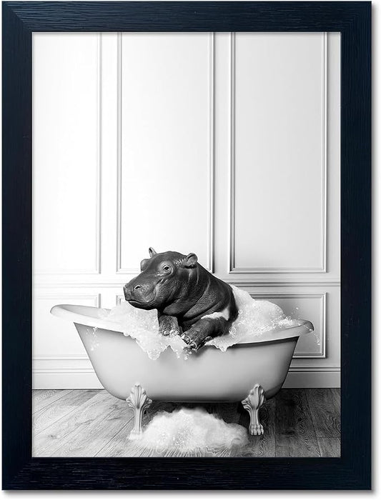 Black and White Bathroom Wall Decor Funny Hippo in Bathtub Wall Art Framed by Melpa+Art
