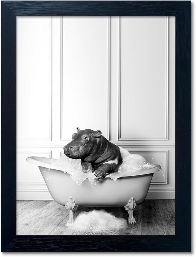 Black and White Bathroom Wall Decor Funny Hippo in Bathtub Wall Art Framed by Melpa+Art