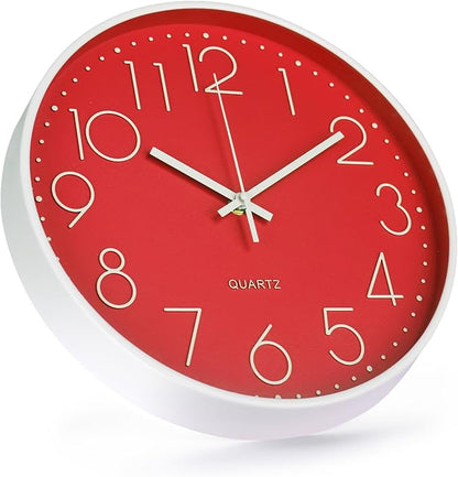 Wall Clock 10 Inch Non-Ticking Silent Modern Simple Style Round Decor Clock Red - Image 2