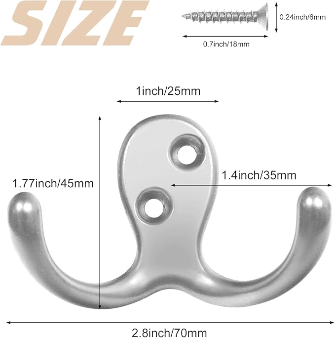 Homanu 14 Pack Coat Hooks, Heavy Duty Double Prong Coat Hooks Wall Mounted - Image 5