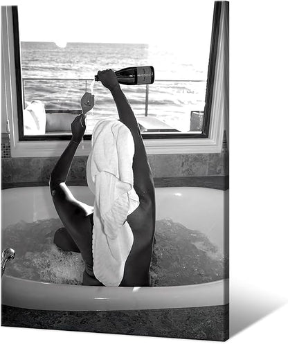 Trendy Black and White Posters Funny Woman Drinking Wine in Bathtub Wall Art by Acqooeakt