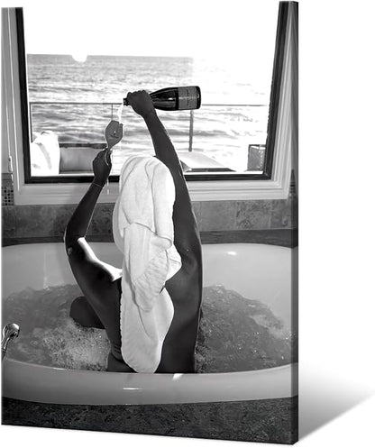 Trendy Black and White Posters Funny Woman Drinking Wine in Bathtub Wall Art by Acqooeakt