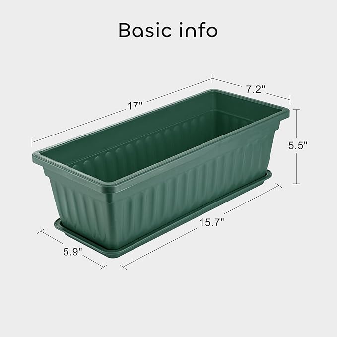 GROWNEER 3 Packs 17 Inches Green Flower Window Box Plastic Vegetable Planters Long Pots with 15 Pcs Plant Labels for Outdoor Indoor Windowsill Patio Garden Home Decor Porch