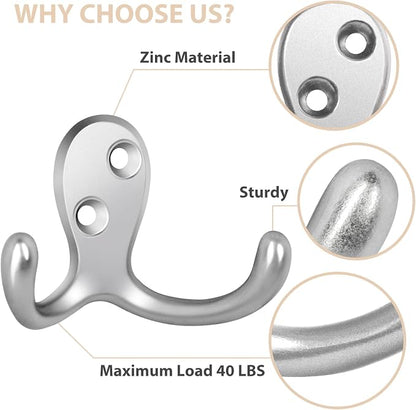 Homanu 34 Pack Coat Hooks, Heavy Duty Double Prong Coat Hooks Wall Mounted - Image 4