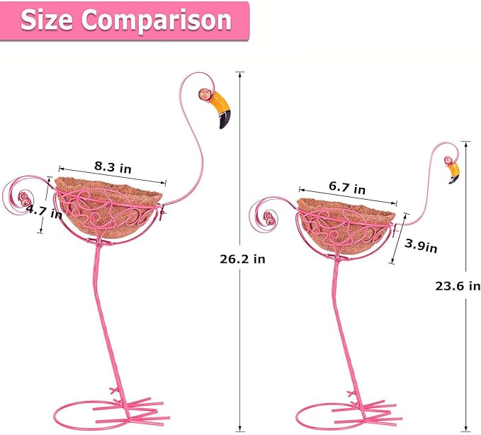 Set of 2 Pink Metal Flamingo Planters with Basket for Indoor Outdoor Garden Yard Decor