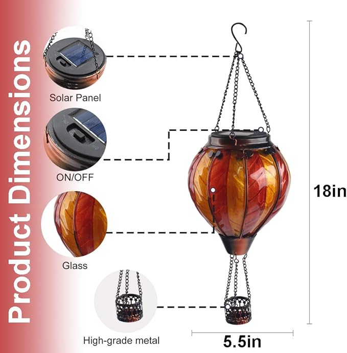 Hot Air Balloon Solar Lantern with Flickering Flame Hanging Solar Lanterns Outdoor Lights Waterproof Lanterns Decorative Garden Patio Yard Party Decor Orange and Red