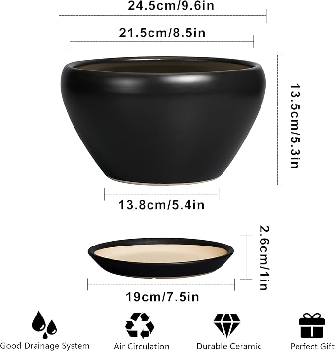 Plant Pot Large 9 Inch - Ceramic Pots for Plants with Drainage Hole and Saucer Round Planter for Indoor Plants Decorative Outdoor Flower Pot Large for House Balcony Black