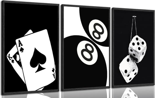 3Pcs Black and White Poker Dice Canvas Wall Art Lucky You Poster Prints Trendy by bokpen
