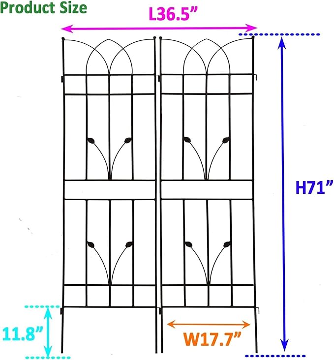 2 Pack Metal Garden Trellis 71" Black Fence Rustproof Garden Trellis for Climbing Plants Support Roses Flower Outdoor Lawn, Black