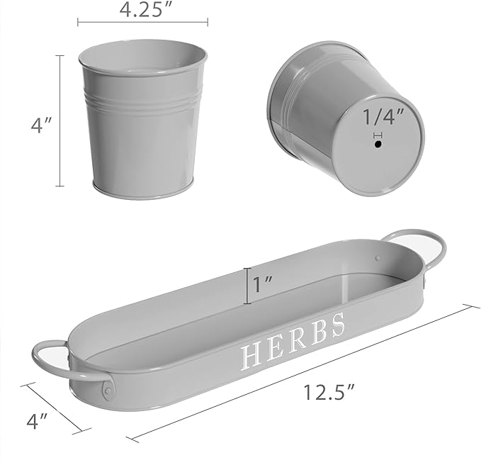 Barnyard Designs Indoor Herb Garden Planter Set with Tray, Metal Windowsill Plant Pots with Drainage for Outdoor or Indoor Plants, Set/3 (Cool Grey)