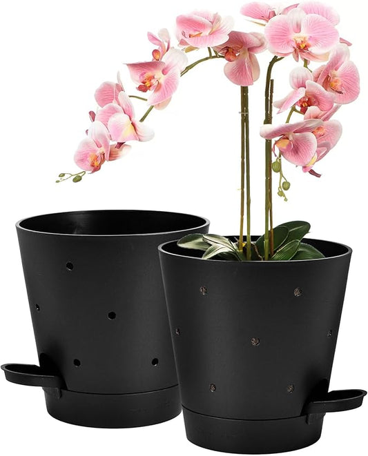 Orchid Pots with Holes, 6 Inch Self Watering Orchid Pot 2 Pack Plastic Plant Pots for Orchid, Flower (Black)