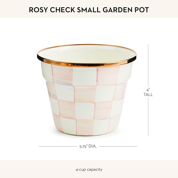 MACKENZIE-CHILDS Enamel Garden Pot, Decorative Pot for Plants, Outdoor Flowerpot Decor, Small, Pink-and-White Rosy Check