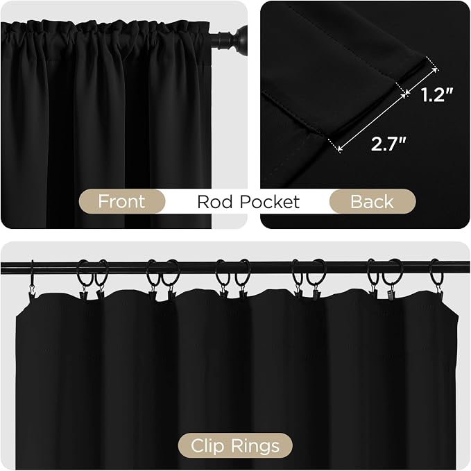 CUCRAF Black Blackout Curtains 72 inch Length 2 Panels Set, Rod Pocket Room - Image 3