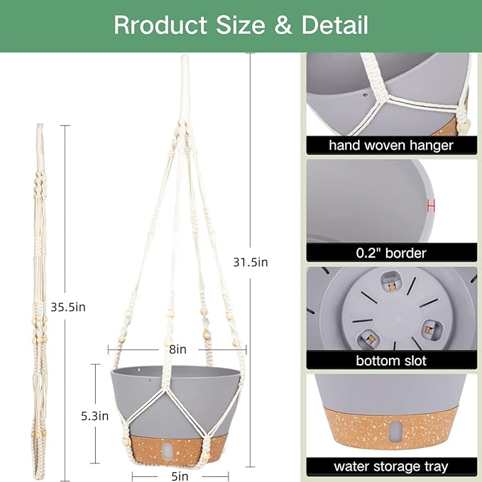 QCQHDU 2 Pack Hanging Planters for Indoor Plants, Outdoor Hanging Baskets, Self Watering Pots with Drainage Holes & Removable Tray (Light Grey, 8 inch, Macrame Hanger)