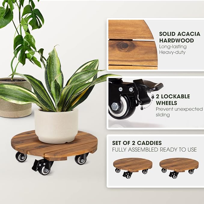 Idzo 2pack Wood Plant Caddy With Wheels Heavy Duty, 264 Lbs Capacity, 12 Inch Acacia Hardwood Plant Dolly, Plant Stand with 360° Lockable Wheels, Plant Caster for Heavy Objects Hauling - Natural Wood